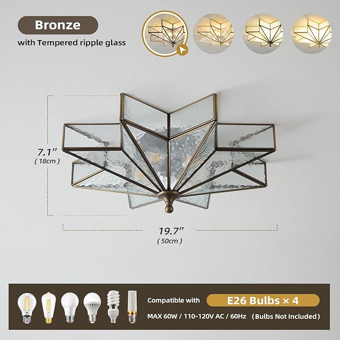 Star Vintage Bronze Ceiling Light - 19.7 in Large Hammered Glass Antique Flush Mount Fixture - Mid Century Black Art Deco Lighting for Kitchen Hallway Bedroom Bathroom Laundry Entryway Farmhouse Hall