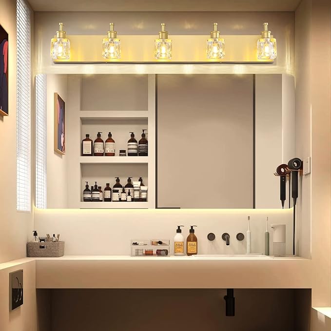 PRESDE Modern Crystal Vanity Light for Bathroom Gold 5 Light Bathroom Wall Light Fixtures Over Mirror