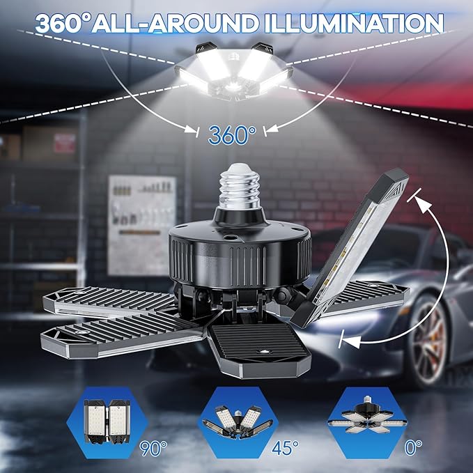 Garage Lighting 4 Pack - 200W 20000LM 6500K LED Garage Ceiling Lights with 6+1 Adjustable Panel Screw in E26/E27 Bulb Socket, Bright LED Shop Lights for Barn Workshop Warehouse Bay