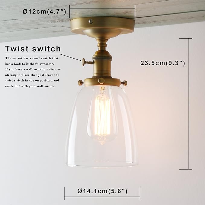 PERMO Modern Small Semi Flush Mount Ceiling Pendant Light Glass Ceiling Lights Hallway Fixtures with Flate Ribbed Glass Lampshade, 1-Light (Antique, 292)