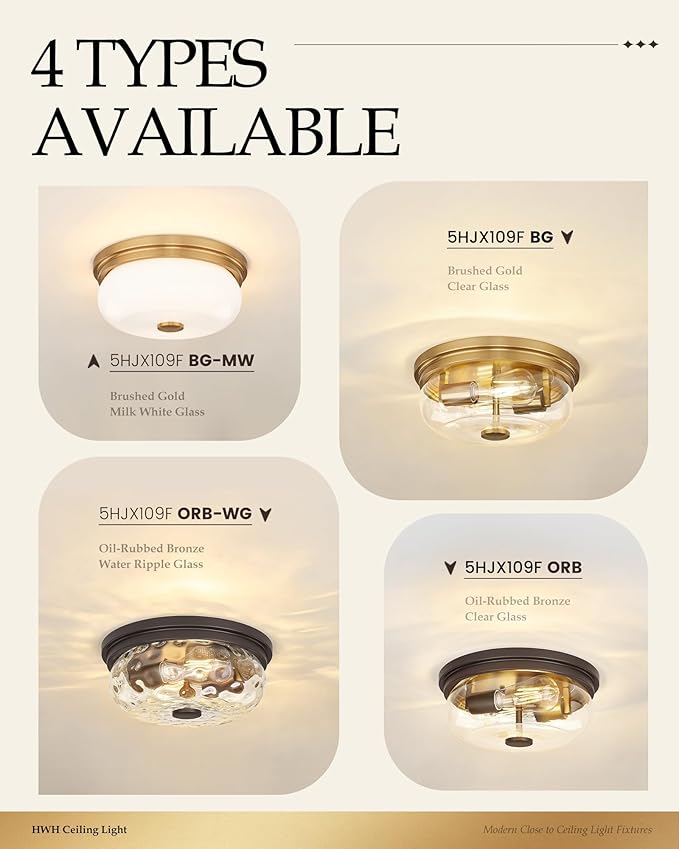 Flush Mount Ceiling Light Fixture, HWH 2-Light Ceiling Light Fixture with Clear Glass, 12 Inch Light Fixtures Ceiling Mount for Kitchen, Bedroom, Bathroom, 5HJX109F BG