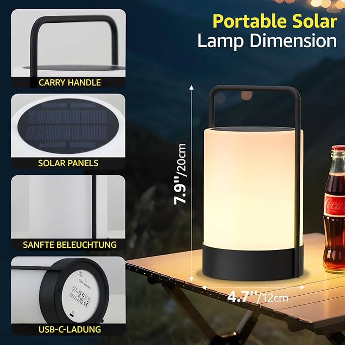 uuffoo Solar Lantern LED Outdoor Waterproof Table Lamp Cordless Metal Frame IP44 Weather Resistant RGB and Warm White 7-15H Battery Life for Indoor Outdoor Patio Camping Restaurant Terrace By the Pool
