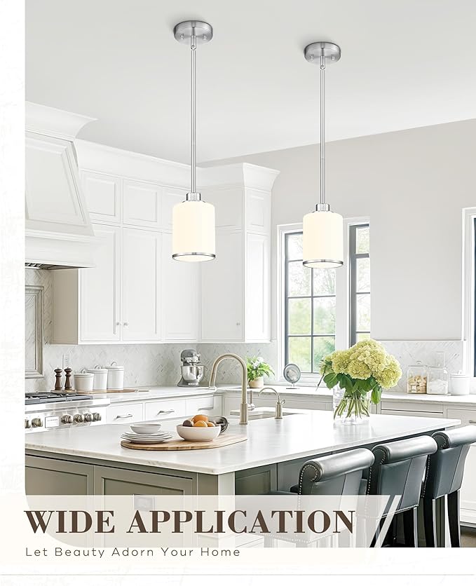 Beionxii Brushed Nickel Pendant Lights Kitchen Island, Hanging Lights Fixtures with Milk Glass, Kitchen Pendant Lighting Over Island, Hanging Lights for Sink, Dining Room, Entryway, BX-PL02BN