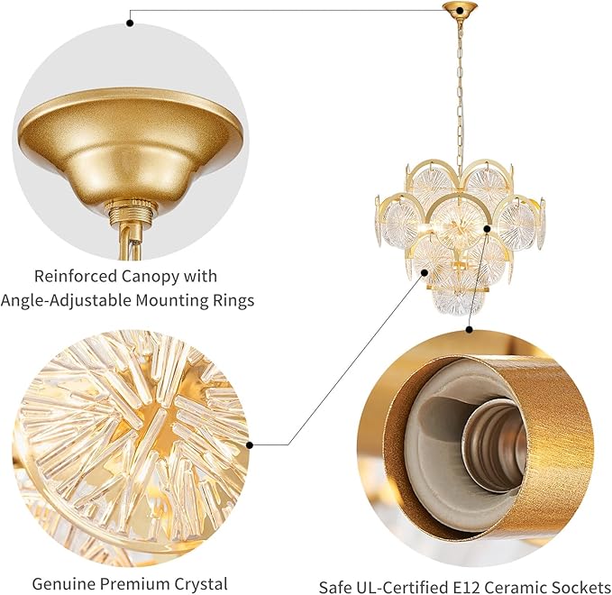 WUZUPS 6-Light Round Crystal Chandelier Pendant Ceiling Light Modern Lighting Fixture for Bedroom Hallway Bar Kitchen Bathroom, H 17.3" W 22.8", E12 Base, Gold