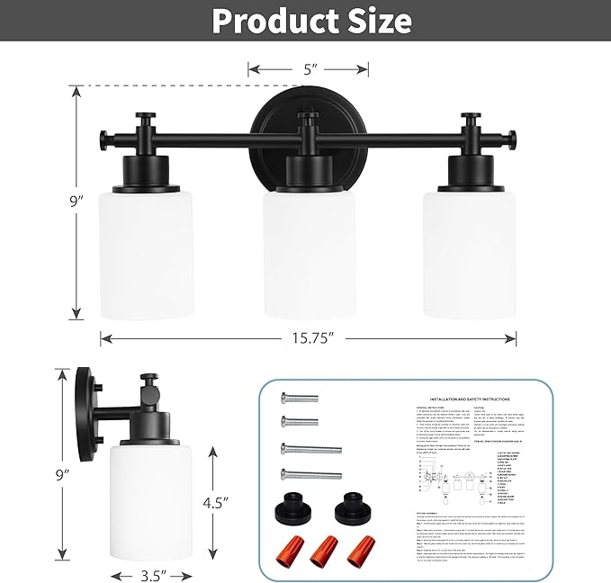 3-Light Black Bathroom Light Fixtures, Modern Vanity Lights Over Mirror, Bathroom Wall Sconces with White Glass Shade, E26 Socket, 15.75" Compact Vanity Light Fixtures