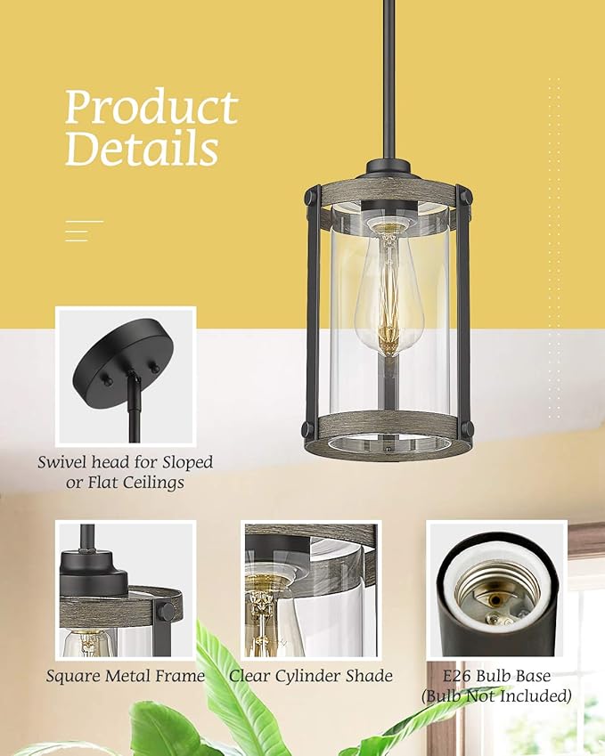 Farmhouse Pendant Light Fixtures, 1-Light Black Glass Pendant Lights for Kitchen Island, Industrial Rustic Mini Hanging Lighting with Rod, Wood Finish, Adjustable Length, OS-3014