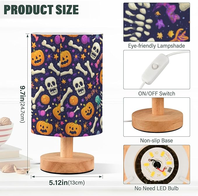 Aslsiy Halloween Bones Candies Pumpkin Bedside Table Lamp Nightstand Lamp Night Light Fabric Shade for Bedroom Living Room Home Office