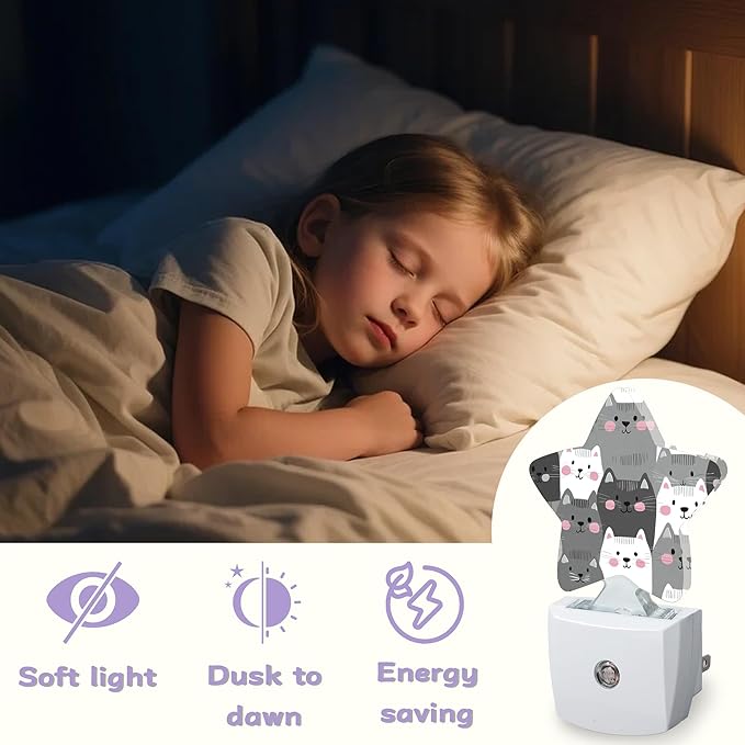 Nightlight,Gray Cats Decorative Night Lights Plug Into Wall, Night Light with Auto Sensor for Bedroom,Nursery,Hallway,Stairway,Gifts