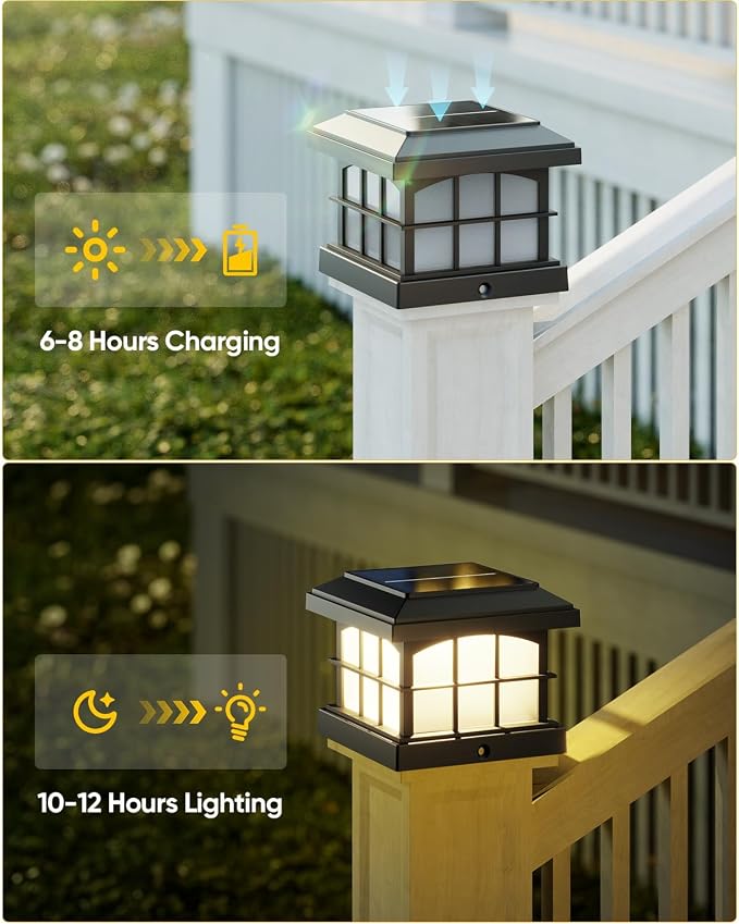 PARTPHONER RGBCW Solar Post Cap Lights 12-Pack, 9 Colors 3 Modes Fence Cap Lights, Bright Solar Outdoor Waterproof LED Deck Lighting for Fence Garden Deck Patio Porch Decor 4x4 Vinyl/Wood, Black