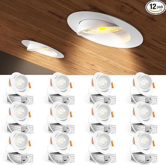 Amico 12 Pack 4 Inch 5CCT Gimbal LED Recessed Lighting, 360°&90°Adjustable Eyeball Directional Downlight, Dimmable, 2700K/3000K/3500K/4000K/5000K Selectable, 9W 700LM CRI90+, White, ETL&FCC