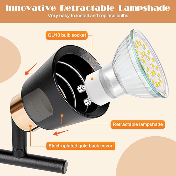 GORDNWE Track Lighting Fixtures Ceiling: LED Spot Lights Indoor 4 GU10 Flexible Heads Black Vintage Adjustable Compatible with Dimmable Bulbs Overhead Directional Lights Foldable for Kitchen Hallway