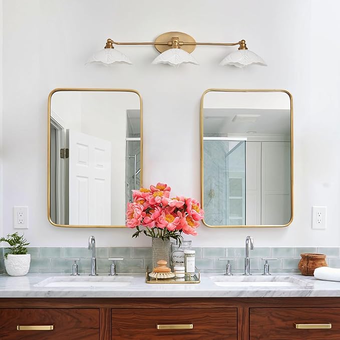 Bathroom Light fixtures Brass Vanity Light -3 Light Bathroom Vanity Light E12 Bulb Holder, 33.85 Inch Large White Light, Retro Luxury Bathroom Mirror Lighting