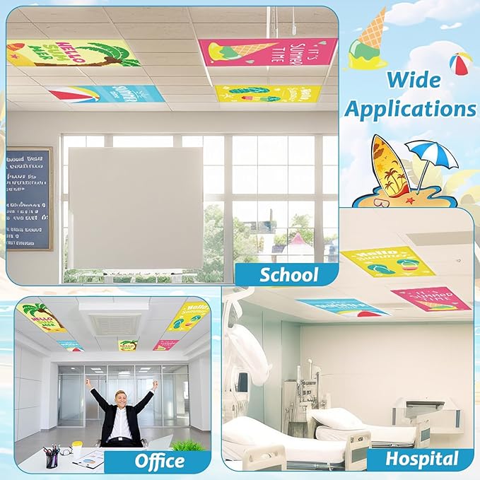 8 Pcs Fluorescent Light Covers with 80 Magnets Decorative for Classroom Ceiling Lights 4 x 2 Feet Magnetic Light Cover Filter Easy Install for Office Hospital Home Ceiling Supplies (Summer Beach)