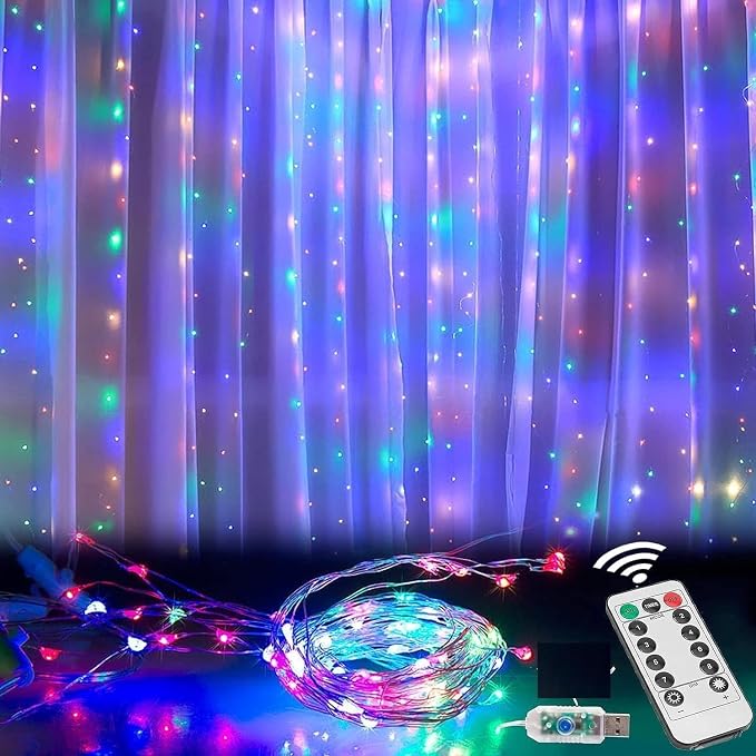 300 LED Colorful Curtain Light for Party/Wedding/Festival/Christmas,Window Blinking String Light for Bedroom/Living Room,USB Plug with 8 Modes(Battery not Included)