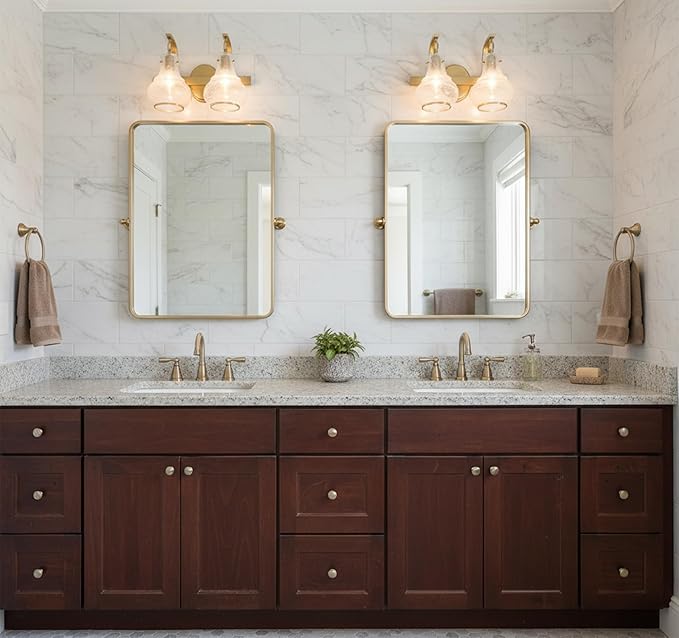 Savoy House 8-4417-2-322 Adams Modern Vintage Traditional White Strie Glass Bathroom Vanity Wall Light, 2-Light 120 Total Watts, 9" H x 16" W, Warm Brass
