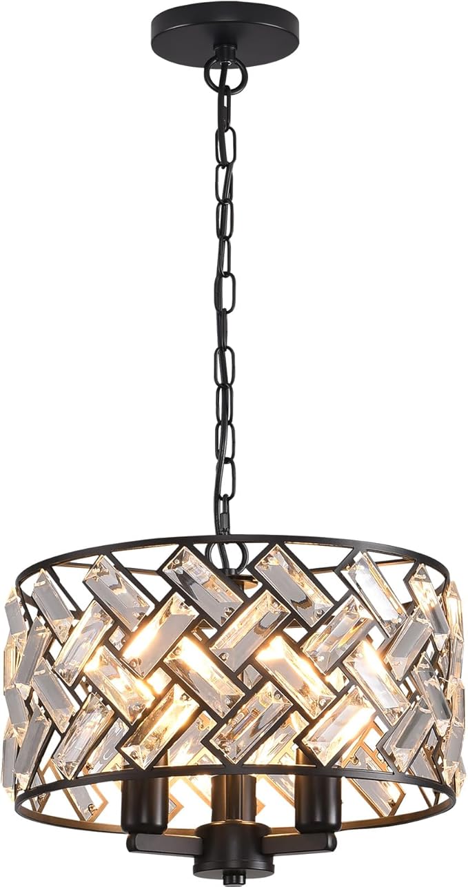 lobolighting Black Crystal Chandelier, 11'' Modern Chandelier, 3-LightSemi Flush Mount Ceiling Light Fixture for Dining Room Foyer Hallway