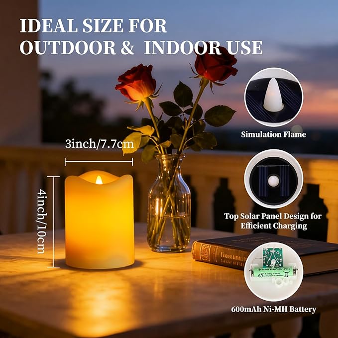 Solar Powered Candles Outdoor 6 Pack, 3"x4" IP65 Waterproof Rechargeable Solar LED Lights, Dusk to Dawn Sensor Pillar Candles for Weddings, Events, Party Decor, Garden Pathway, Yard & Patio