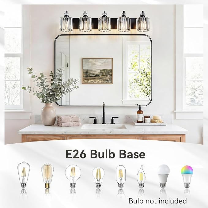 5-Light Black Bathroom Light Fixtures Over Mirror Modern Vanity Lights Crystal Wall Sconce Vintage Bathroom Lighting with Crystal Shade E26 Base for Bedroom, Living Room, Hallway