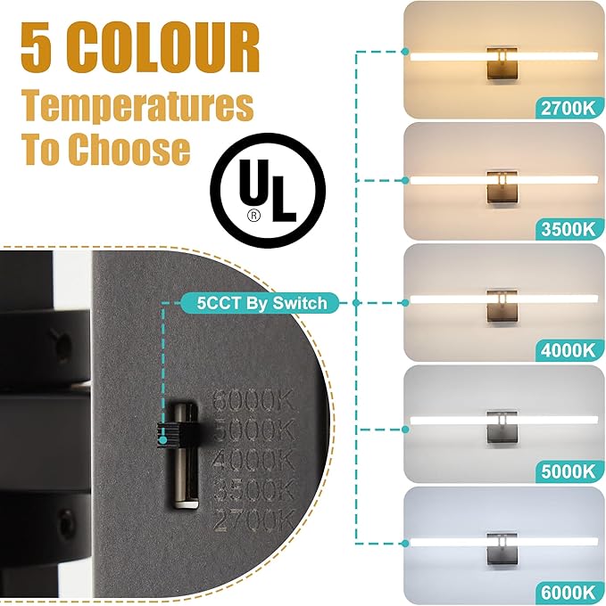Bathroom Light Fixtures,Black 18W LED 360° Full Lighting Modern Wall Sconce Vanity Light with 5-Color Dimmable 3000K-6000K, 22.05inch Vanity Lighting for Bath, Powder Room, Bedroom, Hallway