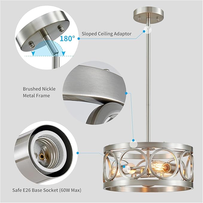 XINGQI 13” Chandelier Brushed Nickel 3-Light Rustic Ceiling Light Modern Adjustable Height Pendant Lighting Fixture Antique Drum Lamp for Living Room Bedroom Entryway Corridors