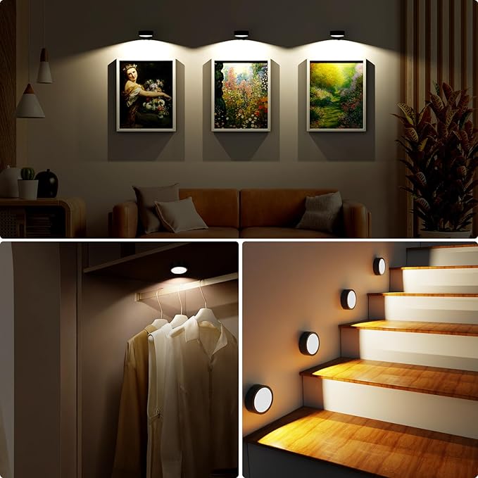 Narotood 6 Pack Picture Lights for Wall, Rechargeable Battery Operated Wall Lights, Picture Frame Lights with 3 Lighting Modes, Wireless Magnetic Painting Light with Remote Control Timer, (Black)