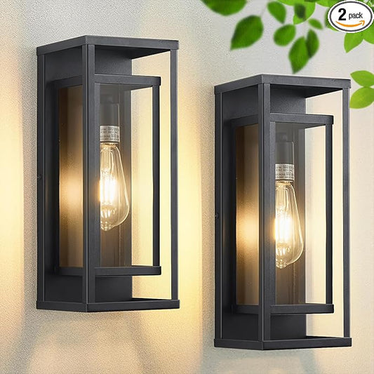 14" Outdoor Wall Lights Fixtures, Black Exterior Lighting Fixtures, Waterproof Outdoor Wall Lantern Modern Front Porch Lights with Clear Glass Coach Lights for Garage, Porch, Front Door 2-Pack