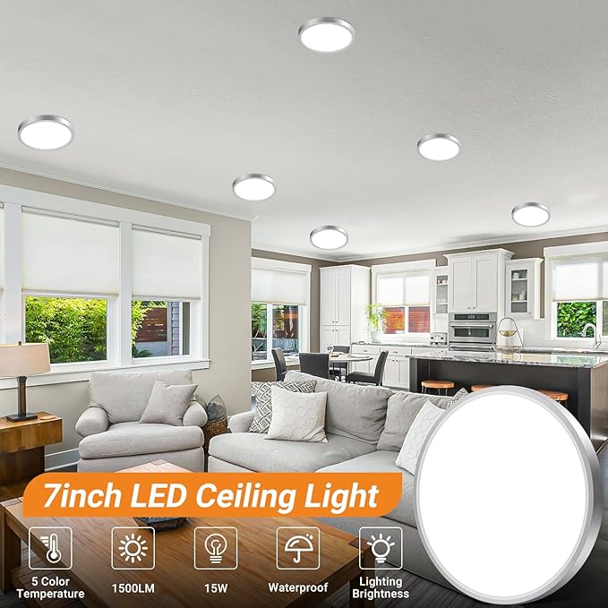 slochi 2Pack LED Flush Mount Ceiling Light Fixture, 7 Inch 15W, 1500LM, Super Slim 0.7 Inch, 3000K-6500K Adjustable Low Profile LED Ceiling Lights for Bathroom, Closet, Hallway(Brushed Nickel)