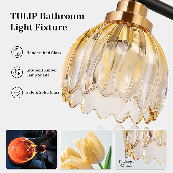 TALOYA Bathroom Vanity Light Fixtures, 4-Light Black and Gold Wall Lights for Mirror with Gradient Amber Tulip Glass Shades, Over Sink Lighting for Bedroom, Living Room, Hallway