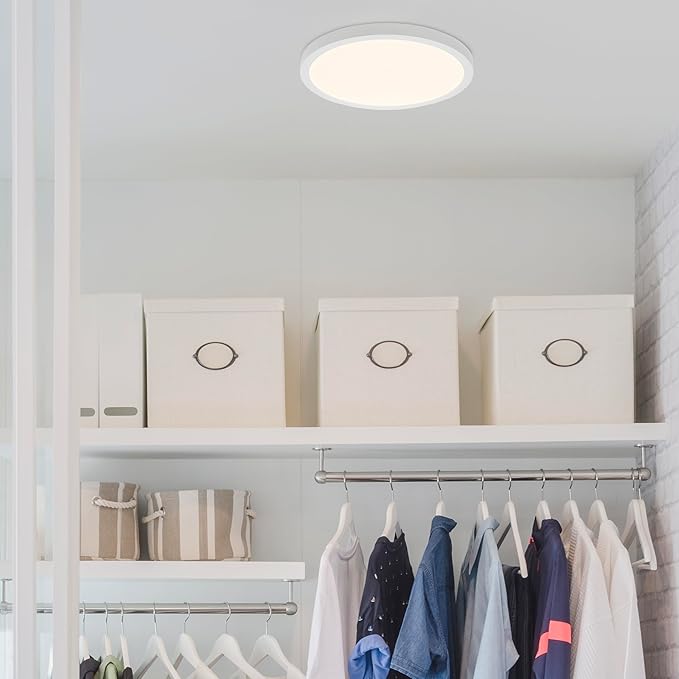 Maxxima 14 in. LED Flush Mount Ceiling Light, 2500 Lumens, 5 CCT 2700K/3000K/3500K/4000K/5000K Panel Light, White Trim Round Fixture, Dimmable for Modern Bedroom, Kitchen, and Living Room Lighting
