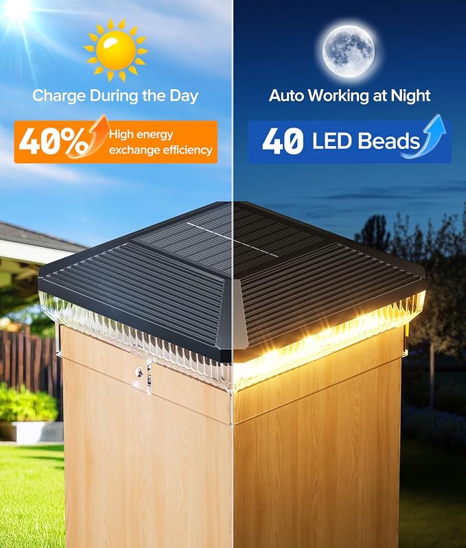 6 Pack Solar Post Cap Lights Outdoor with 3 Modes, 40 LEDs 4x4 Fence Post Solar Lights Outdoor Waterproof, 30 Lumens Fence Deck Post Lights Solar Powered for 4x4 3.5x3.5 Vinyl Wooden Post