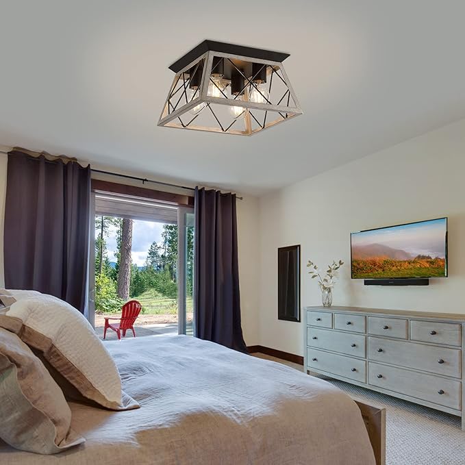 Q&S Farmhouse Ceiling Light Oak Semi Flush Mount Vintage 4-Light Square Rustic Island Light Fixtures for Entryway Hallway Dining Room Living Room Bedroom