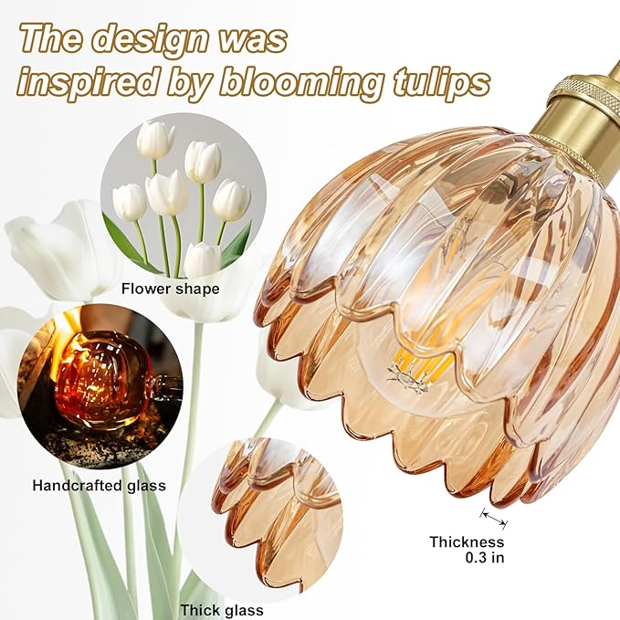 Hardwired Wall Sconces Set of Two, Vintage Wall Lights with Amber Tulip Glass Lampshade, Gold Wall Lamps for Bedroom Bedside Stairway Bathroom Living Room (Bulbs Not Included, Not Battery Powered)