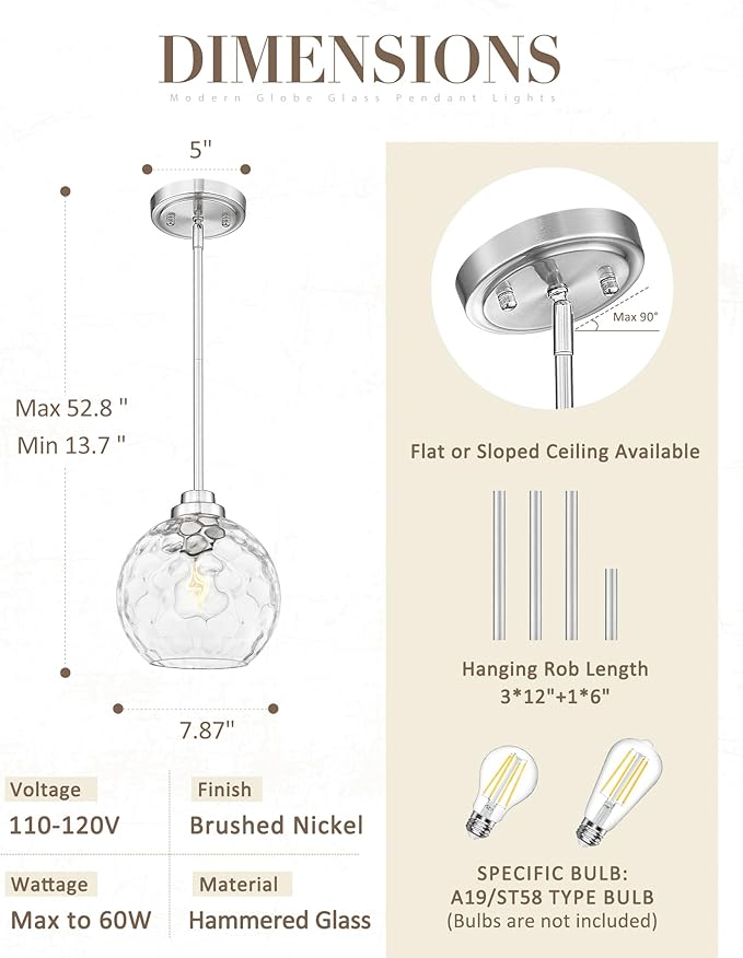 8 Inch Modern Farmhouse Pendant for Kitchen Island, Adjustable Height Hanging Fixture with Hammered Glass, Brushed Nickel, Dining Room Entryway - PL101HBN-L