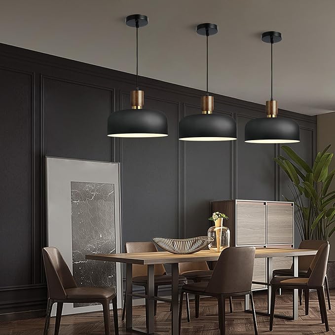 Modern Black Pendant Light Over Kitchen Island,Industrial Pendant Lighting,Adjustable Wood Ceiling Hanging Light Fixture for Dining Room,Living Room,Bedroom,Hallway,Sink,Bar