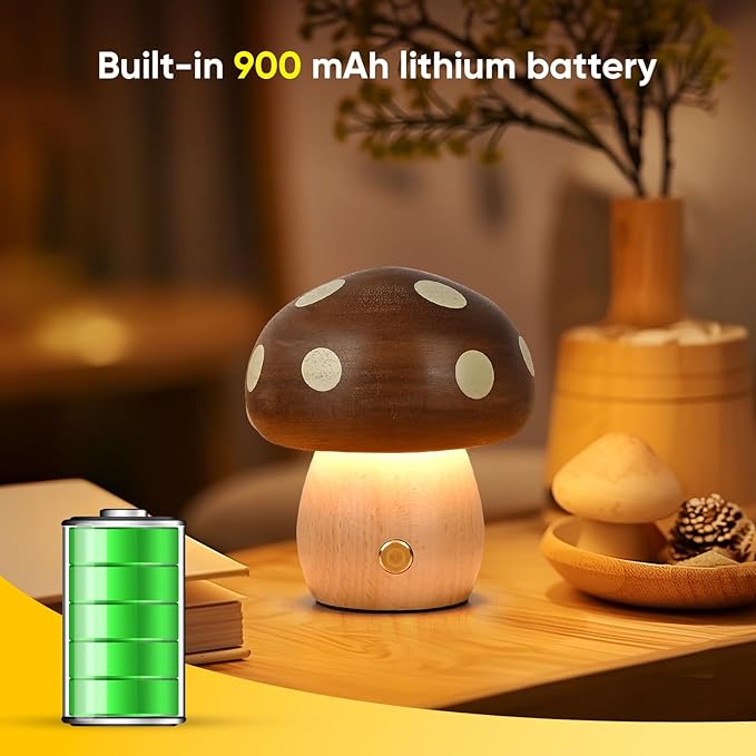 LONRISWAY 2Pack Wood Small Mushroom Table Lamp, LED Rechargeable Cordless Touch Bedside Lamps, Wireless Stepless Dimming Night Light, Portable Battery Lamp for Bedroom Nightstand for Birthday Gifts