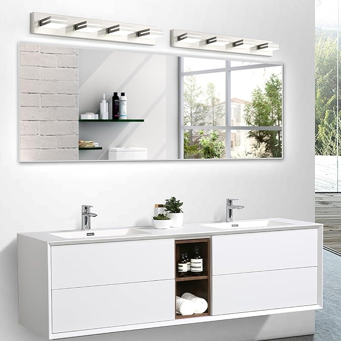 OKELI 4 Light Bathroom Vanity Light Brushed Nickel Modern 32W LED Dimmable Vanity Light Over Mirror 350° Adjustable Lamp Head Cold White 6000K ETL Listed 30Inch