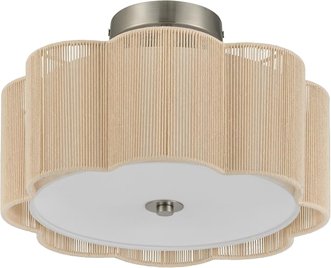 VONLUCE Semi-Flush Mount Boho Ceiling Light, 13.4" 3-Light Rattan Ceiling Light Fixture with 2 Tier Rattan Fabric Petal Shade, Lighting for Bedroom Dining Living Room, Nickel Finish, ETL Certificated