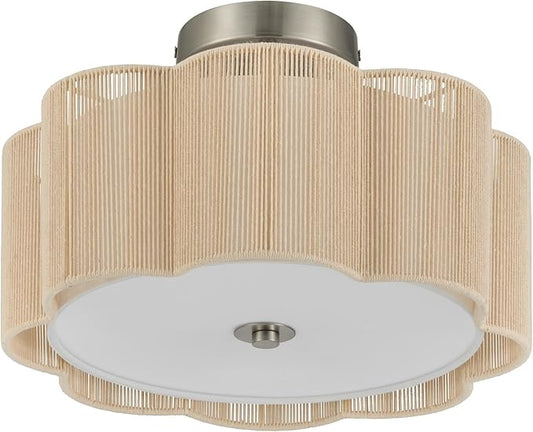 VONLUCE Semi-Flush Mount Boho Ceiling Light, 13.4" 3-Light Rattan Ceiling Light Fixture with 2 Tier Rattan Fabric Petal Shade, Lighting for Bedroom Dining Living Room, Nickel Finish, ETL Certificated