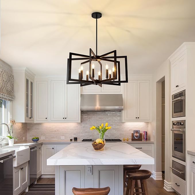 Bairth 8-Light Black Chandelier, Farmhouse Dining Room Light Fixture, Modern Chandelier, Geometric Industrial Metal Hang Lighting Fixture for Foyer Entryway Kitchen Over Table Hallway Living Room