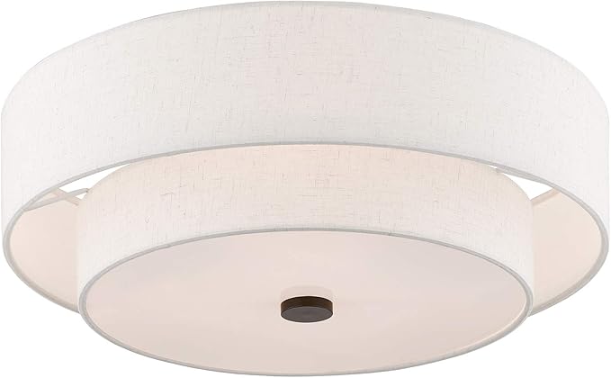 Livex Lighting 51085-92 4-Light Semi Flush Mount Ceiling Fixture with Oatmeal Color Fabric Hardback Drum Shade and Satin White Diffuser, English Bronze