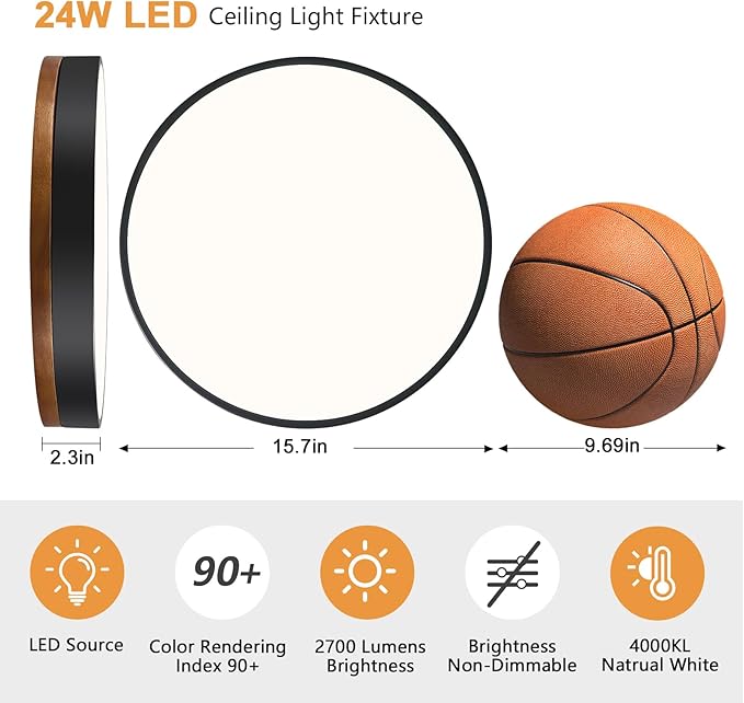 Modern Walnut Wood Black Flush Mount Ceiling Light, 15.75" Round LED Low Profile Close to Ceiling Fixture for Kitchen Bedroom Bathroom Laundry Hallway Entryway Closet Living Room