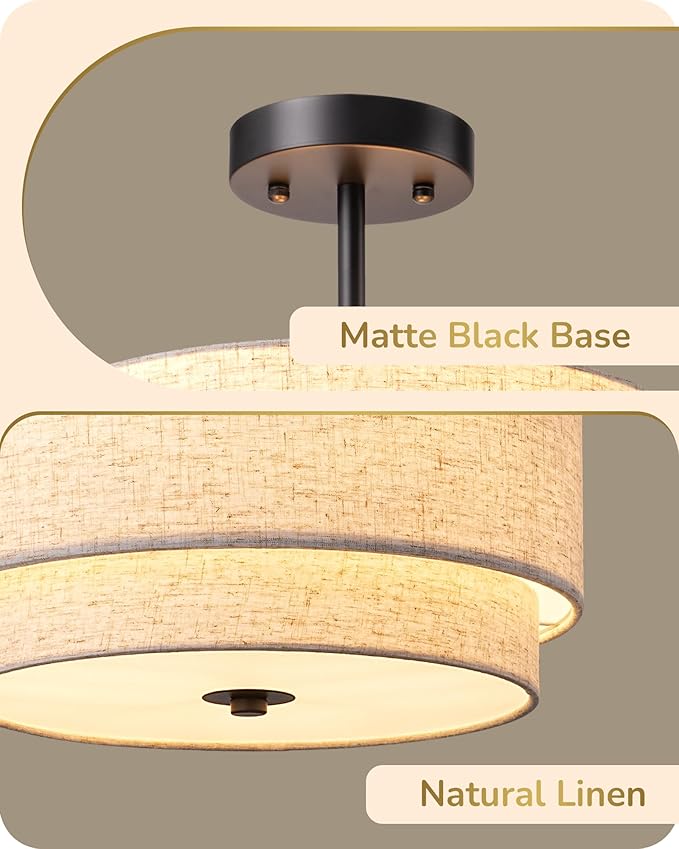 EDISHINE 12.6" Semi Flush Mount Ceiling Light, 3-Light Close to Ceiling Light Fixtures with Double Drum Linen Fabric Shade, Hallway Lights Fixtures for Living Room Entryway Kitchen, Matte Black