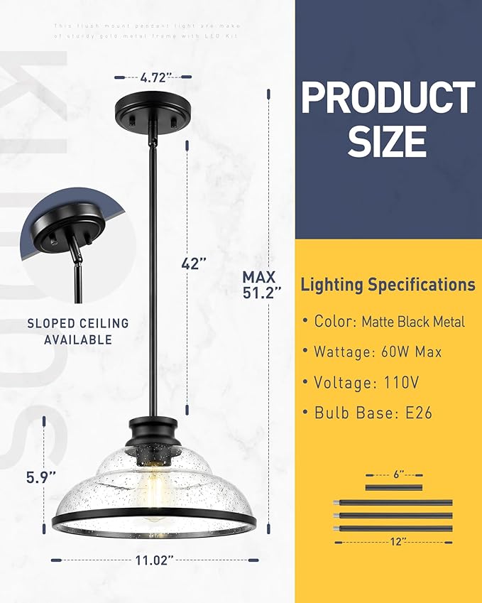 kudos Pendant Lights Kitchen Island, 11" Black Pendant Lights with Seeded Glass Shade, Farmhouse Large Pendant Light fixtures for Kitchen Sink Dining Room Hallways, KDPL14-BK