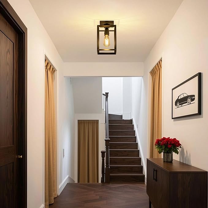 Mayful Flush Mount Ceiling Light Fixture,Black Hallway Light Fixtures Ceiling,Farmhouse Black Metal Frame Light Fixture for Kitchen Island Entryway Porch Foyer Dining Room