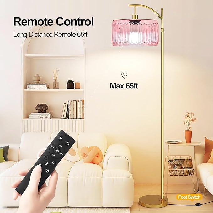 QIYIZM Pink Floor Lamp for Living Room,Bedroom,Gold Dimmable Standing Lamp with Remote,Mid Century Modern Brass Tall Lamp Boho Floor Lamps Arc Stained Glass Flower Floor Light Lamp Girls kids Bohemian