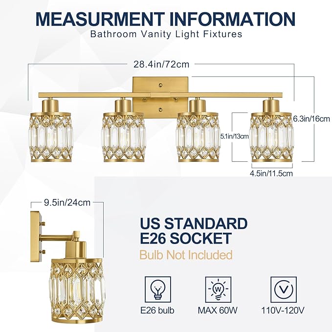 Crystal Modern Bathroom Light Fixtures, 4-Light Brushed Gold Bathroom Vanity Wall Light, Vanity Lights for Mirror, Restroom, Bedroom (E26 Socket, Bulbs Not Included)