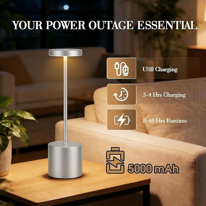 Silver Cordless Table Lamp Set of 2, 5000mAh Rechargeable Lamp with Touch Control & Stepless Dimming, 3 Light Modes, IP54 Waterproof Portable Light for Dining Table, Patio, Bathroom, Power Outage