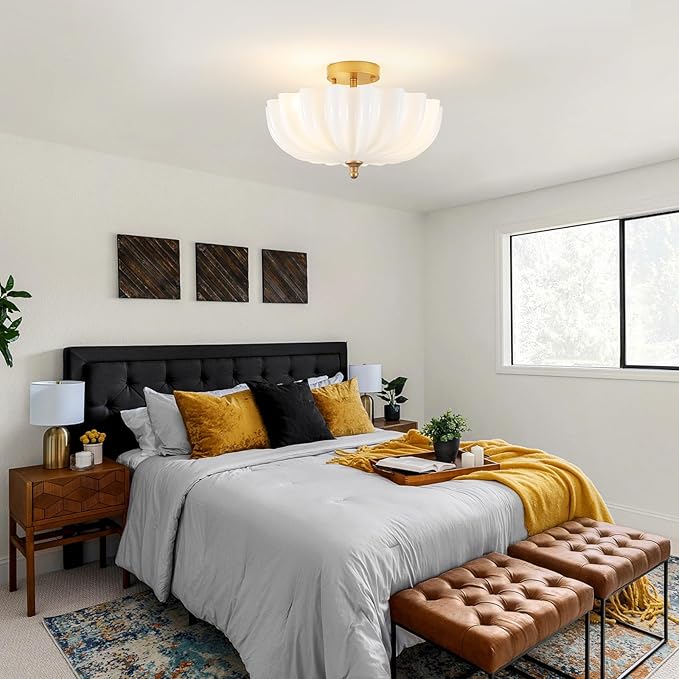 Milk Glass Gold Semi Flush Mount Ceiling Light 3-Light 15.7" Vintage Brass Modern Ceiling Lights with Flower Shade Entryway Light Fixtures Ceiling Mount for Hallway Foyer Bedroom Kitchen Dining Room