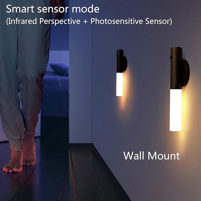 Chilvane Motion Sensor Light Indoor Night Light Wall Sconce Wooden Rechargeable Portable Magnetic Battery Operated LED Night Light for Kids Bathroom Toliet Light Closet Bedroom,Walnut Wood Pack 2