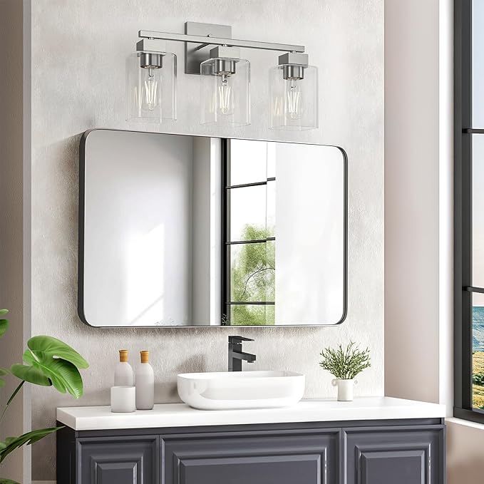 Espird Brush Nickel Bathroom Vanity Light - 3 Light Bathroom Light Fixture Square Design & UL Certification & Square Bath Room Lights Fixture Over Mirror